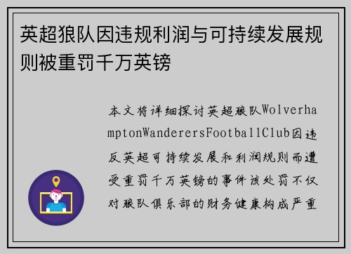 英超狼队因违规利润与可持续发展规则被重罚千万英镑